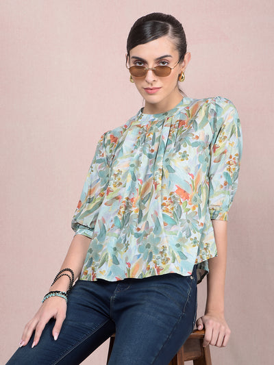 Green Floral Print Top-Women Tops-Crimsoune Club