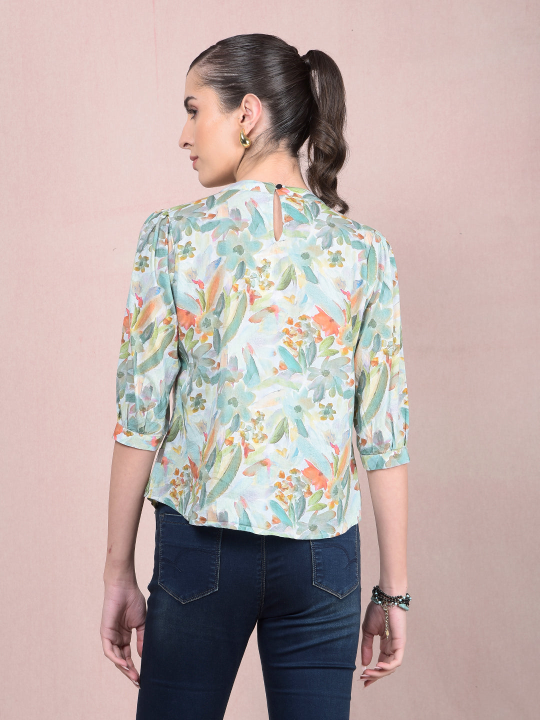 Green Floral Print Top-Women Tops-Crimsoune Club