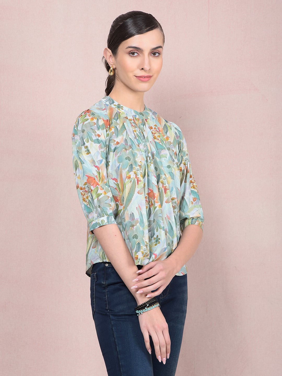Green Floral Print Top-Women Tops-Crimsoune Club