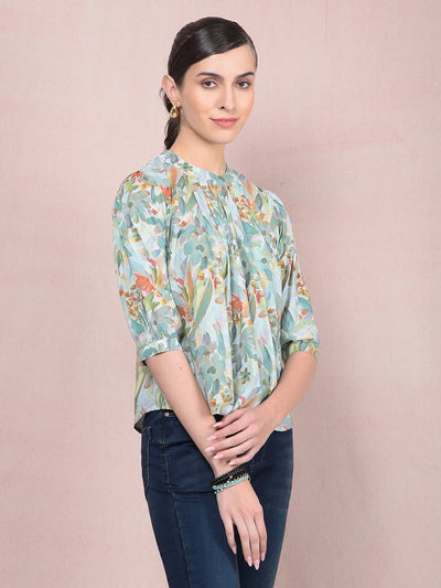 Green Floral Print Top-Women Tops-Crimsoune Club