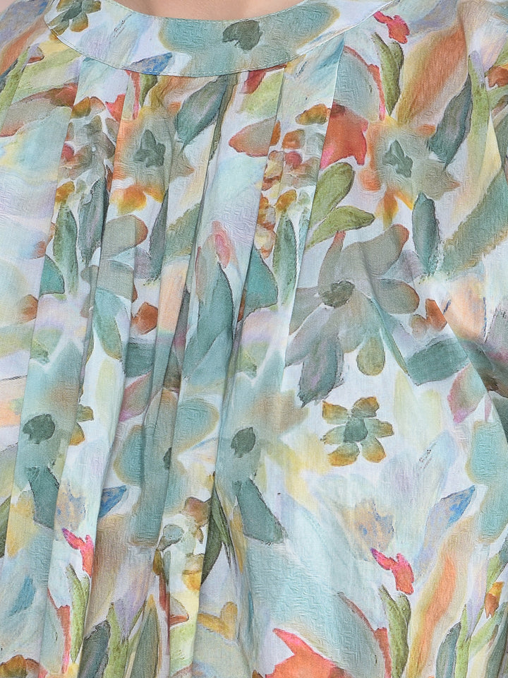 Green Floral Print Top-Women Tops-Crimsoune Club