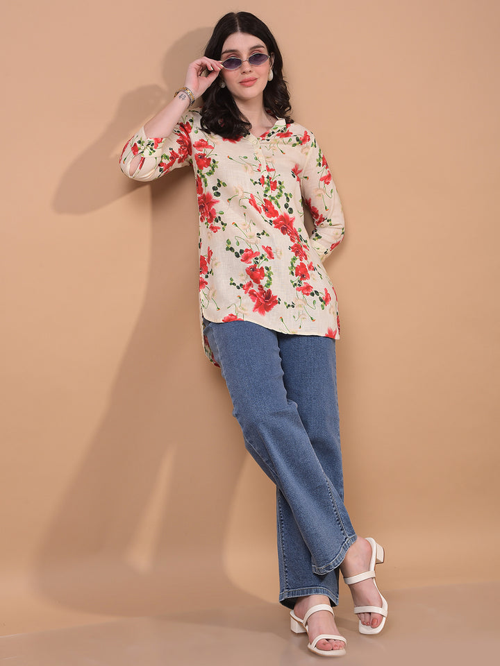 Women's Red Floral Print V-Neck Linen Top-Women Tops-Crimsoune Club