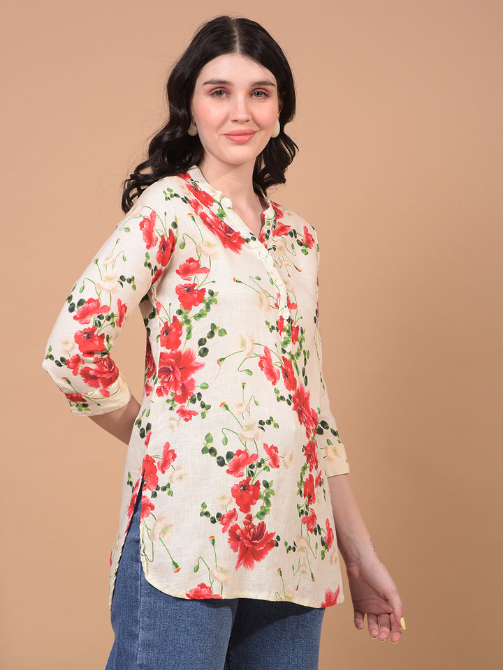 Women's Red Floral Print V-Neck Linen Top-Women Tops-Crimsoune Club