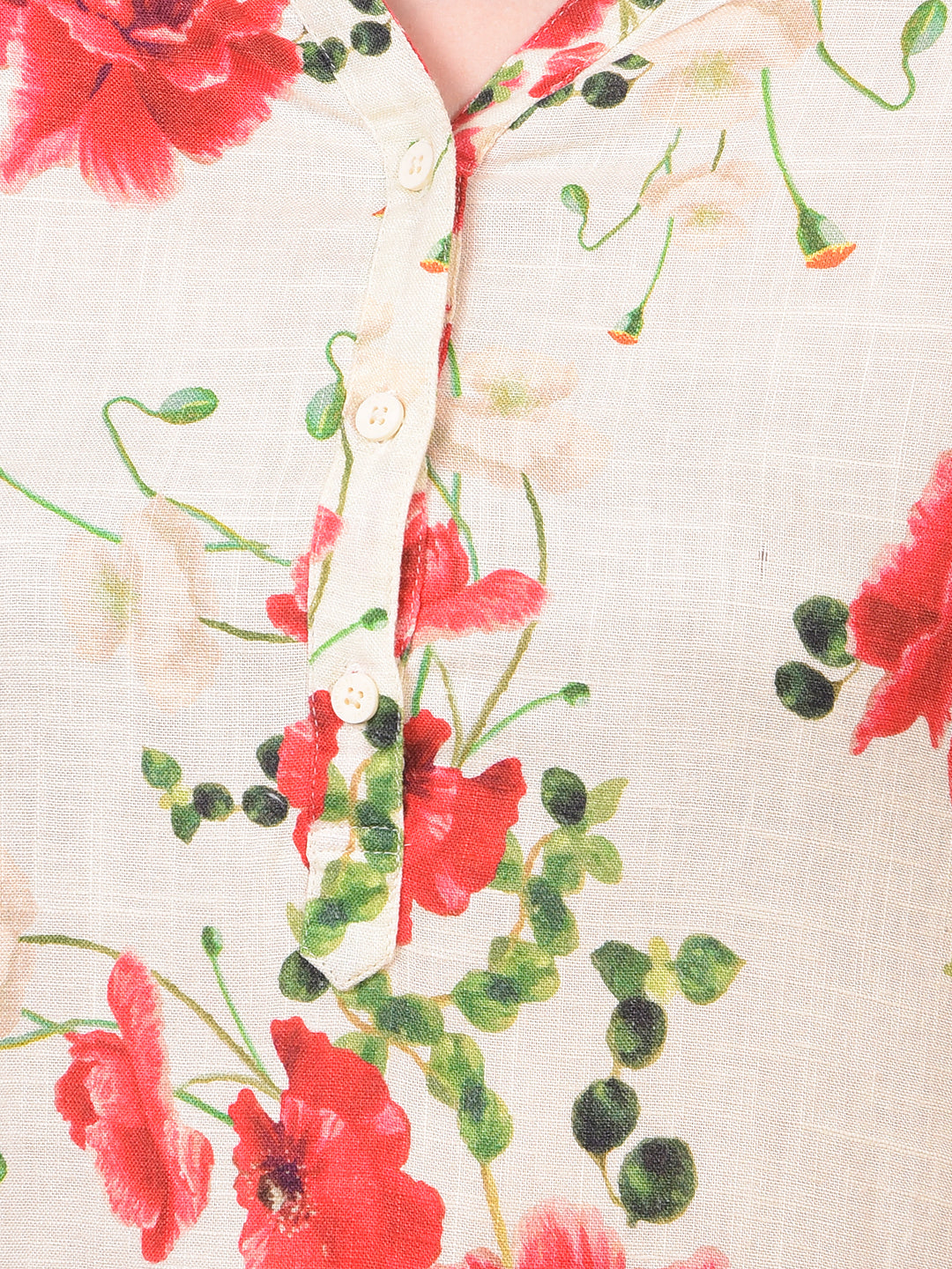 Women's Red Floral Print V-Neck Linen Top-Women Tops-Crimsoune Club