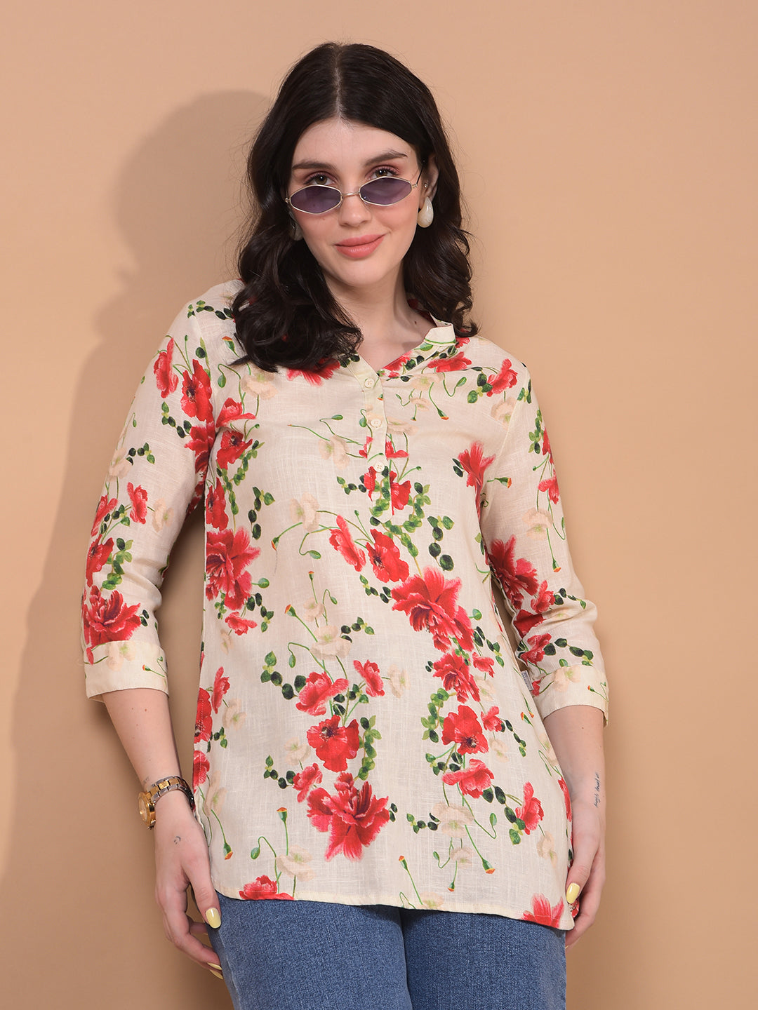 Women's Red Floral Print V-Neck Linen Top-Women Tops-Crimsoune Club