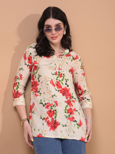 Women's Red Floral Print V-Neck Linen Top-Women Tops-Crimsoune Club