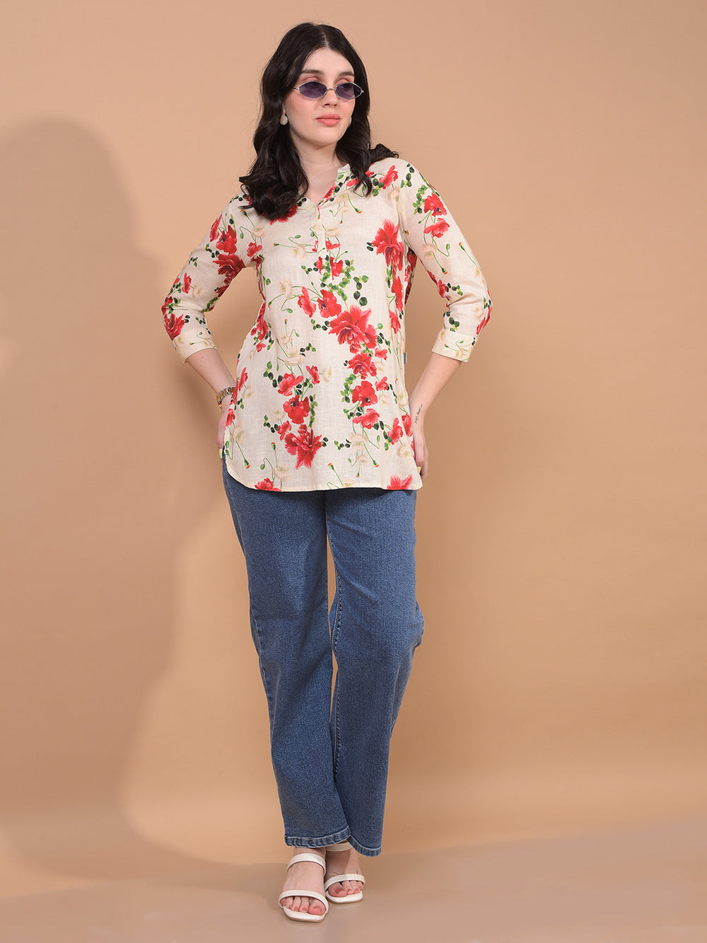Women's Red Floral Print V-Neck Linen Top-Women Tops-Crimsoune Club