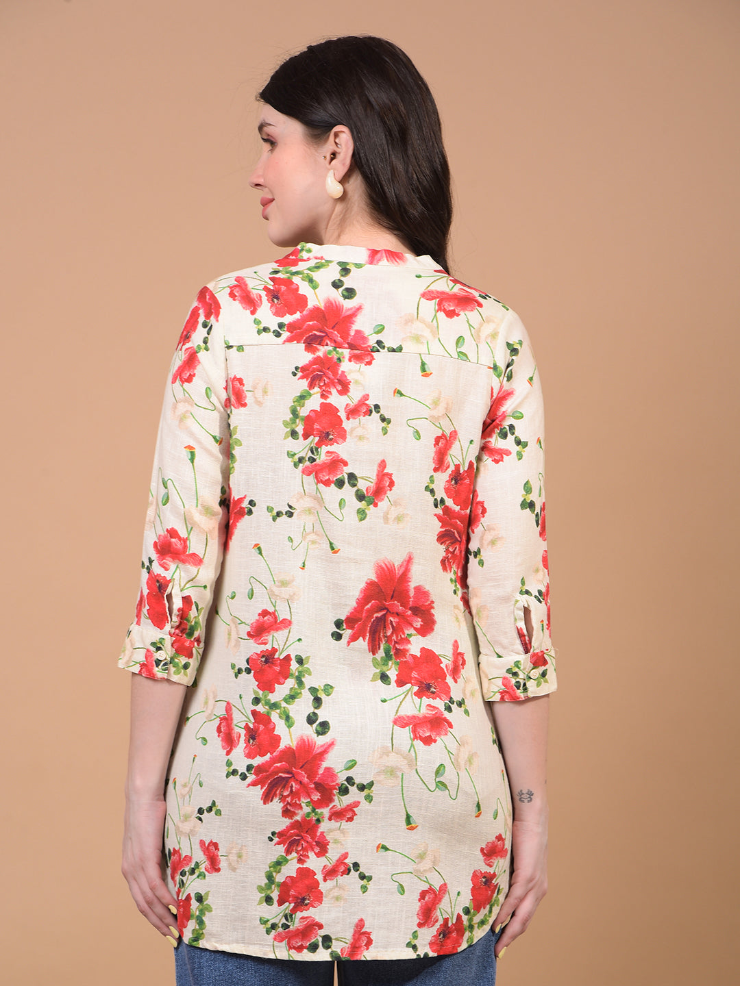 Women's Red Floral Print V-Neck Linen Top-Women Tops-Crimsoune Club