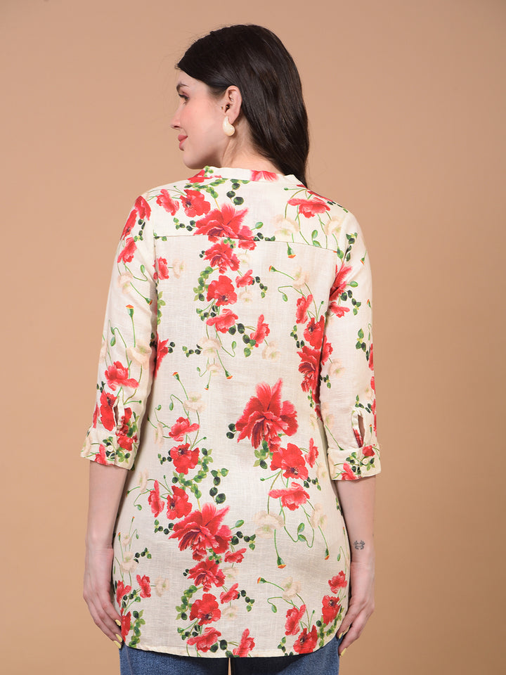 Women's Red Floral Print V-Neck Linen Top-Women Tops-Crimsoune Club