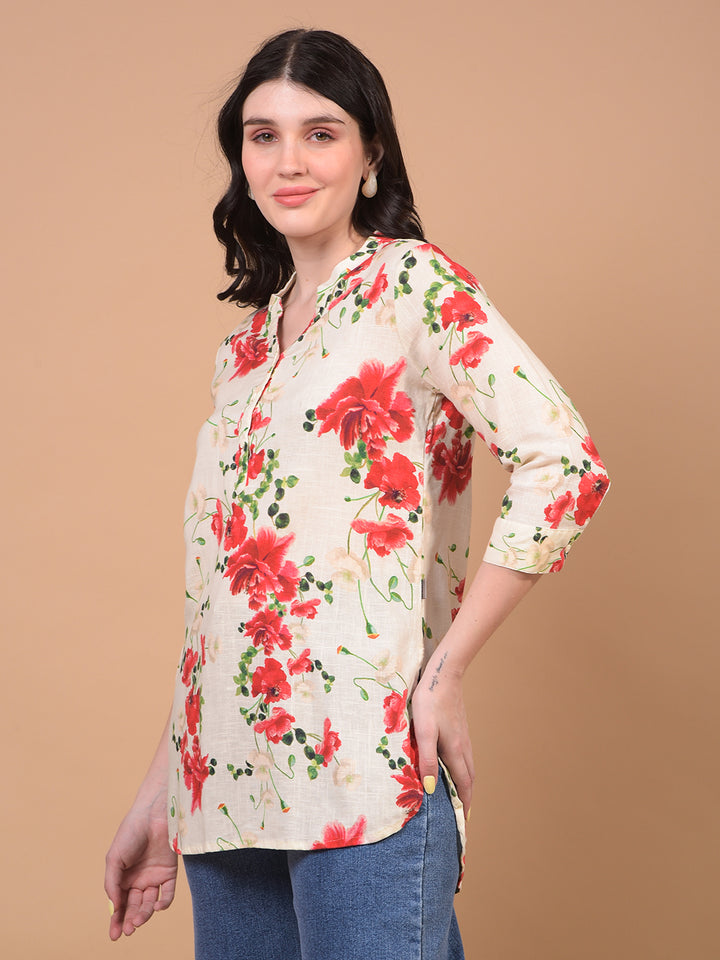 Women's Red Floral Print V-Neck Linen Top-Women Tops-Crimsoune Club