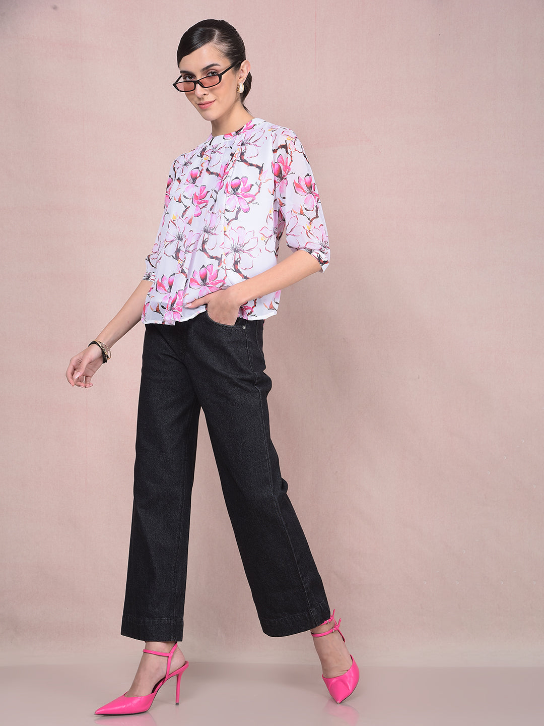 Pink Floral Print Top-Women Tops-Crimsoune Club