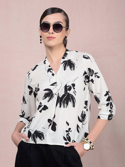 Black Floral Print V-Neck Top-Women Tops-Crimsoune Club