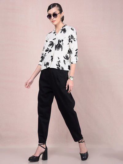 Black Floral Print V-Neck Top-Women Tops-Crimsoune Club