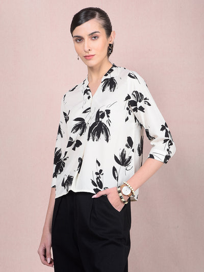 Black Floral Print V-Neck Top-Women Tops-Crimsoune Club