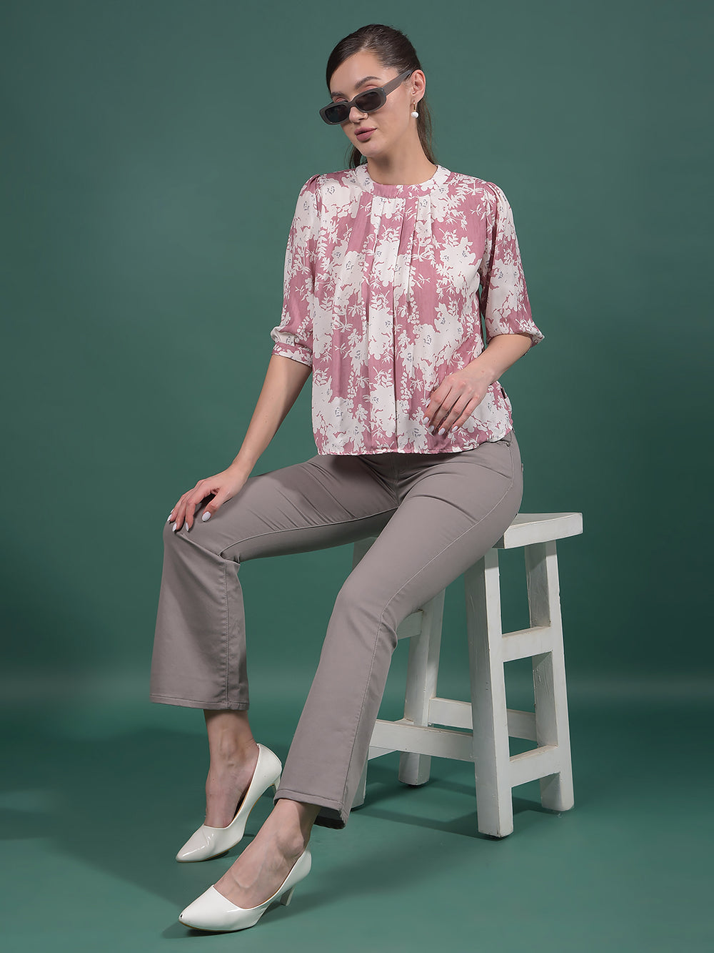 Pink Floral Print Top-Women Tops-Crimsoune Club