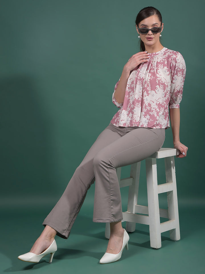 Pink Floral Print Top-Women Tops-Crimsoune Club