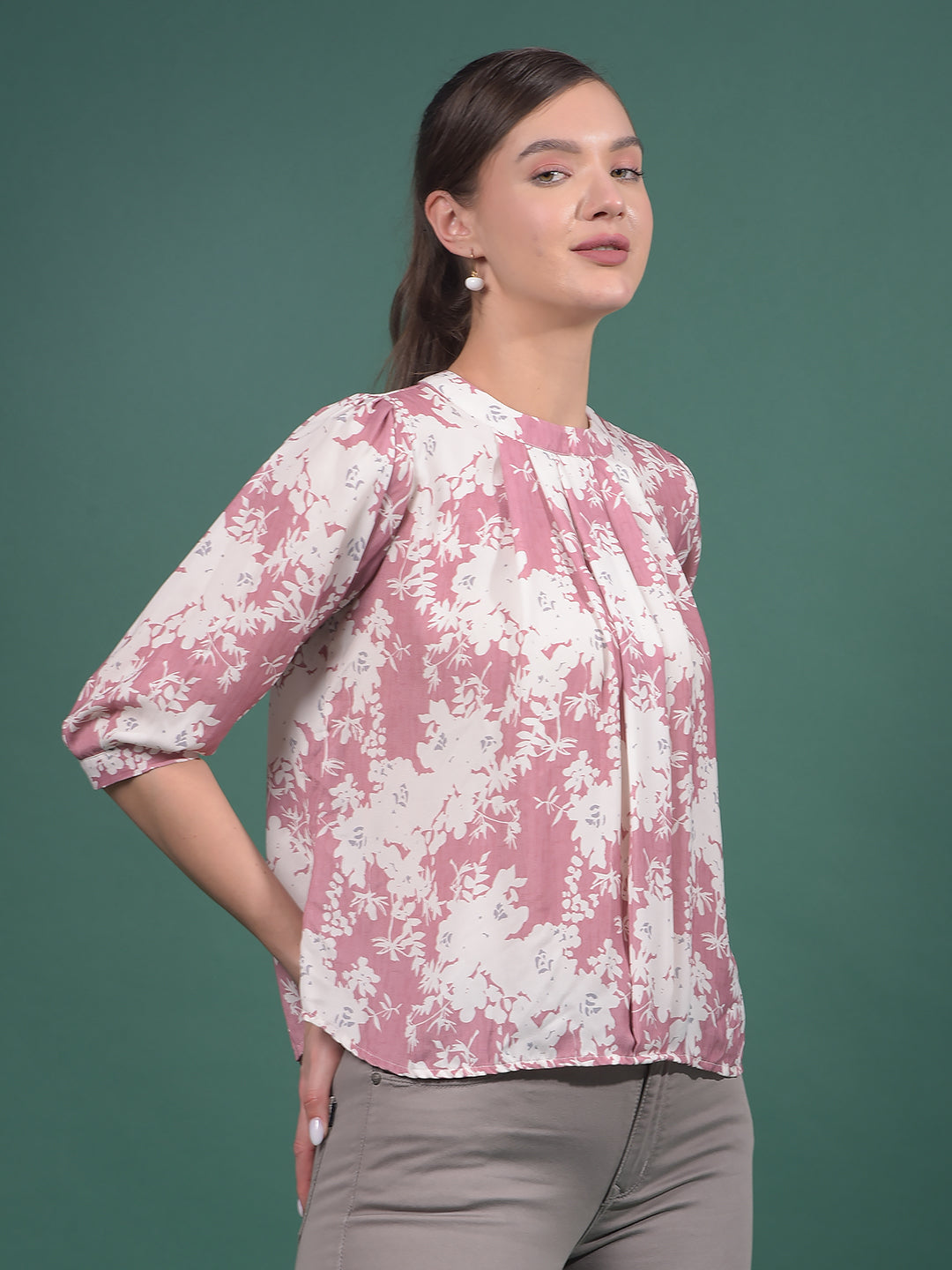 Pink Floral Print Top-Women Tops-Crimsoune Club