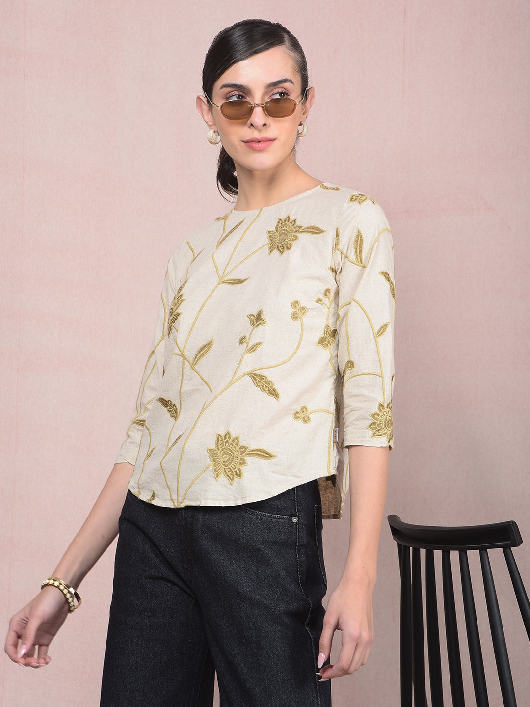 Pink Embroidered Linen Top-Women Tops-Crimsoune Club
