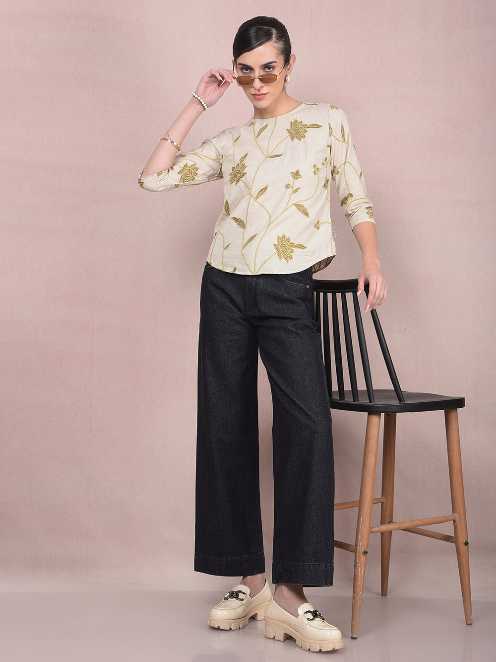 Pink Embroidered Linen Top-Women Tops-Crimsoune Club