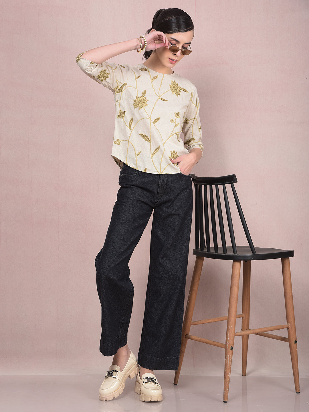 Pink Embroidered Linen Top-Women Tops-Crimsoune Club