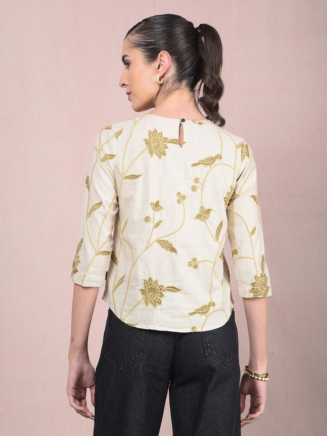 Pink Embroidered Linen Top-Women Tops-Crimsoune Club