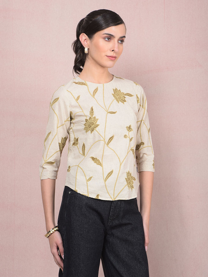 Pink Embroidered Linen Top-Women Tops-Crimsoune Club