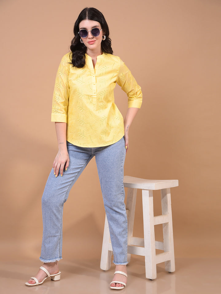 Women's Yellow Embroidered V-Neck 100% Cotton Sheer Top-Women Tops-Crimsoune Club