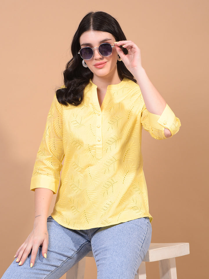 Women's Yellow Embroidered V-Neck 100% Cotton Sheer Top-Women Tops-Crimsoune Club