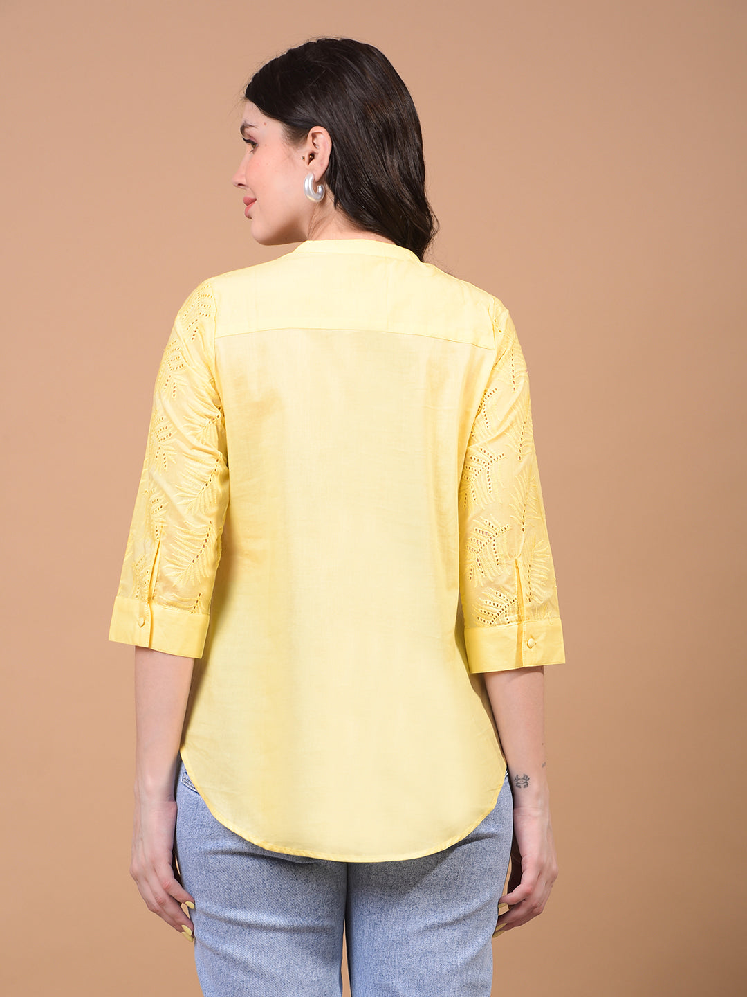 Women's Yellow Embroidered V-Neck 100% Cotton Sheer Top-Women Tops-Crimsoune Club