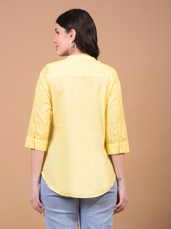 Women's Yellow Embroidered V-Neck 100% Cotton Sheer Top-Women Tops-Crimsoune Club