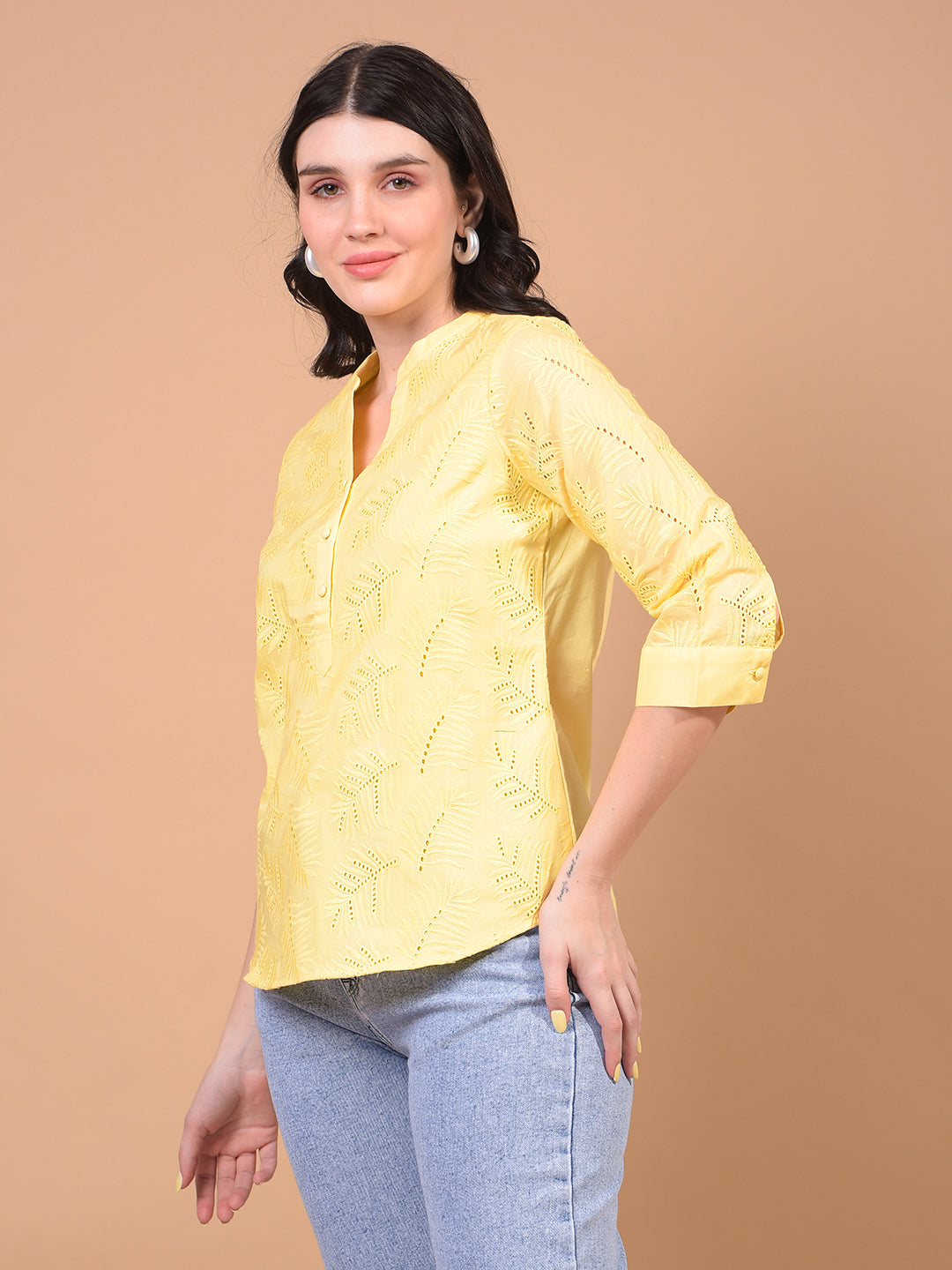 Women's Yellow Embroidered V-Neck 100% Cotton Sheer Top-Women Tops-Crimsoune Club