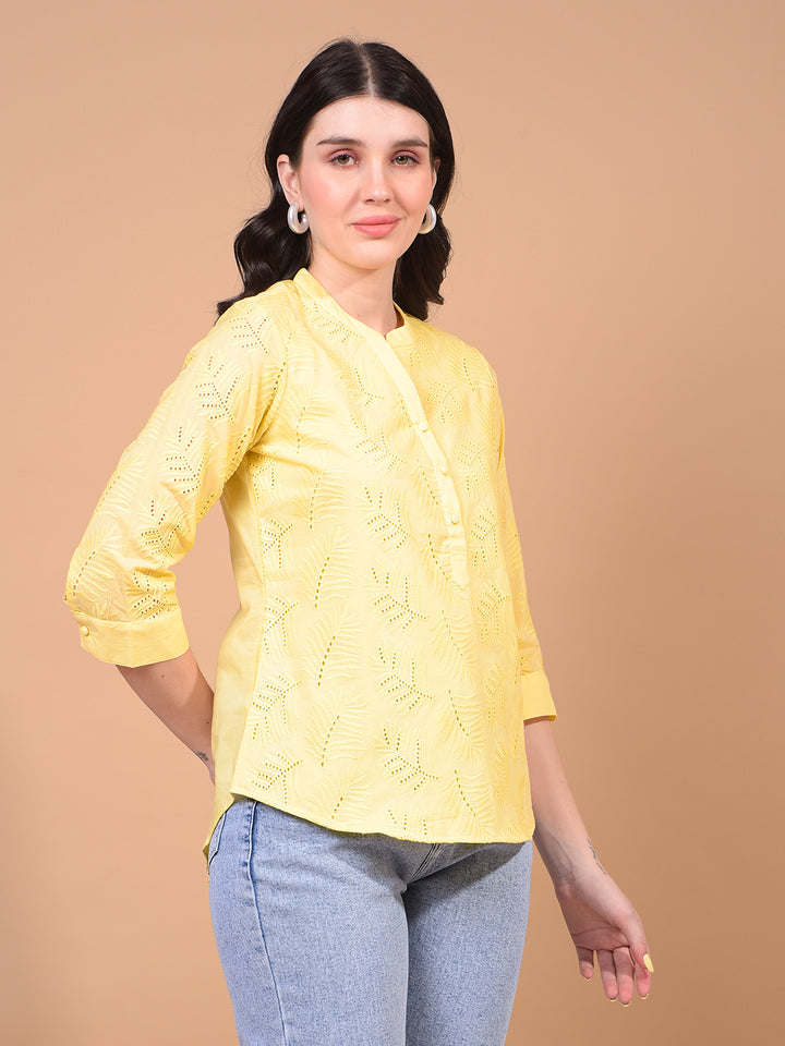 Women's Yellow Embroidered V-Neck 100% Cotton Sheer Top-Women Tops-Crimsoune Club
