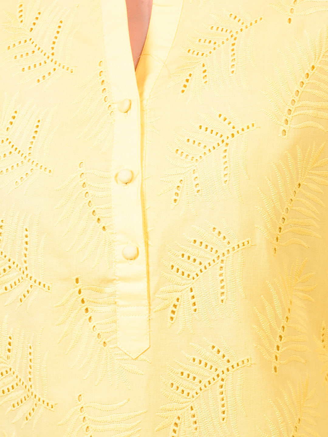 Women's Yellow Embroidered V-Neck 100% Cotton Sheer Top-Women Tops-Crimsoune Club