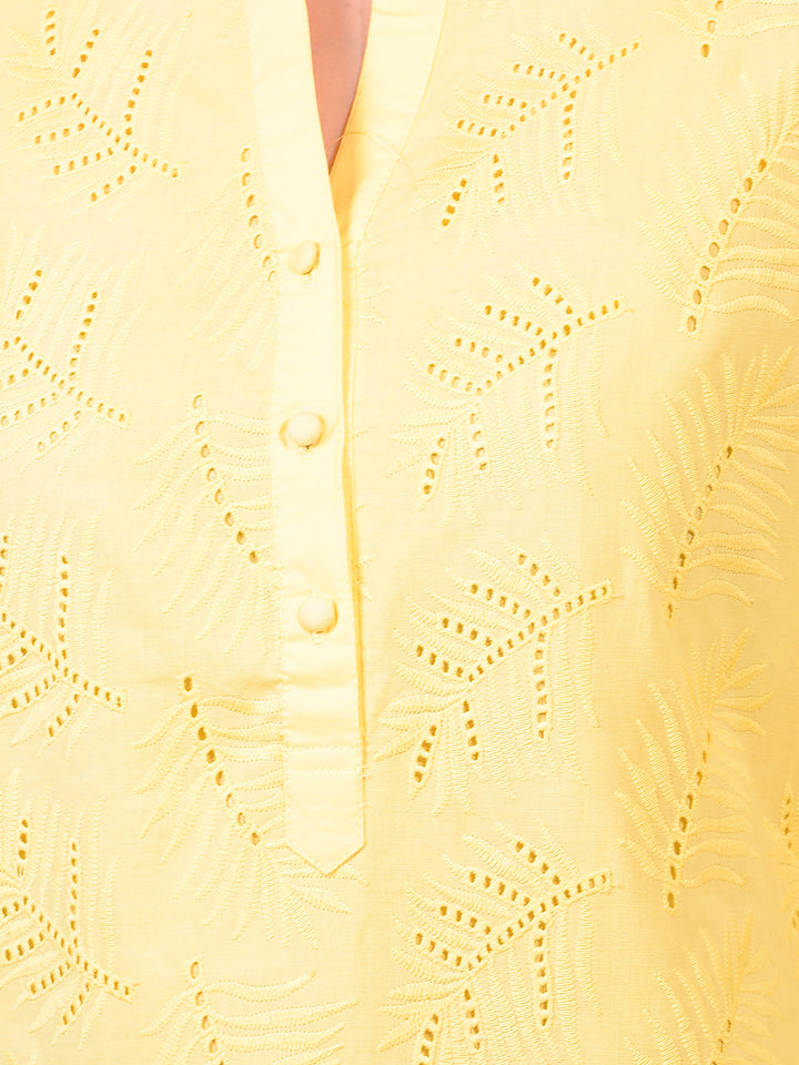 Women's Yellow Embroidered V-Neck 100% Cotton Sheer Top-Women Tops-Crimsoune Club