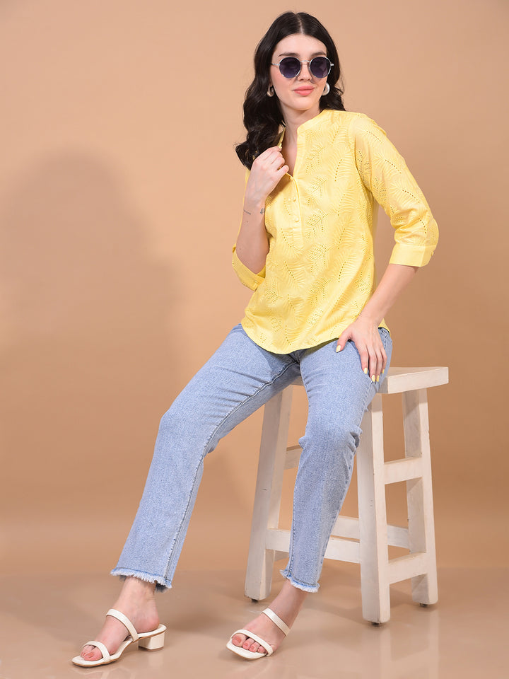 Women's Yellow Embroidered V-Neck 100% Cotton Sheer Top-Women Tops-Crimsoune Club