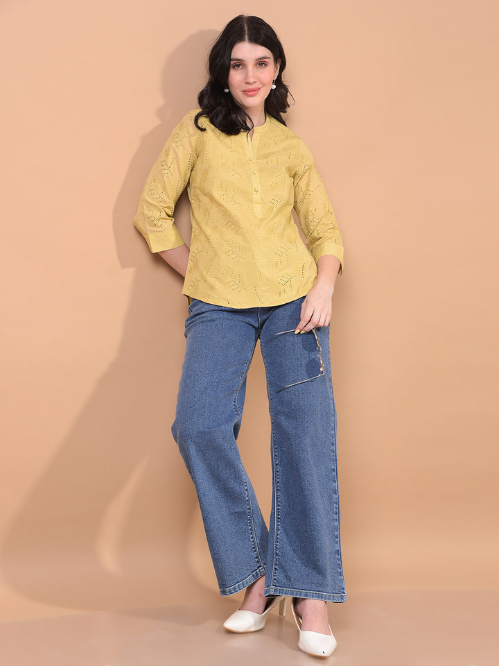 Women's Mustard Embroidered V-Neck 100% Cotton Sheer Top-Women Tops-Crimsoune Club