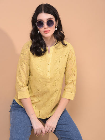 Women's Mustard Embroidered V-Neck 100% Cotton Sheer Top-Women Tops-Crimsoune Club