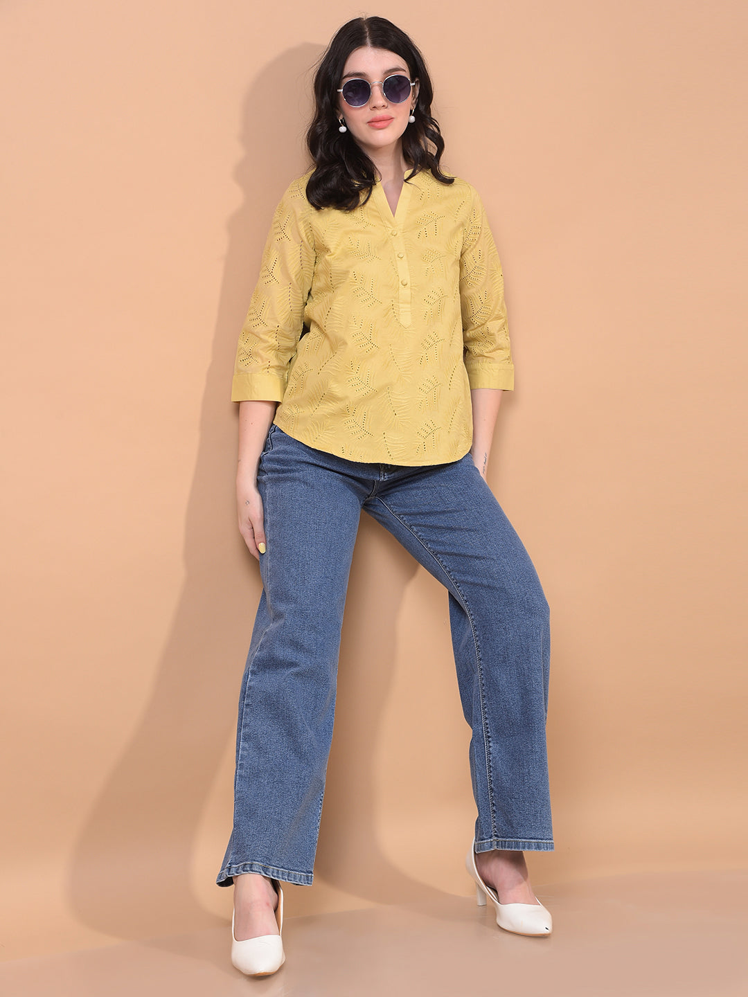 Women's Mustard Embroidered V-Neck 100% Cotton Sheer Top-Women Tops-Crimsoune Club