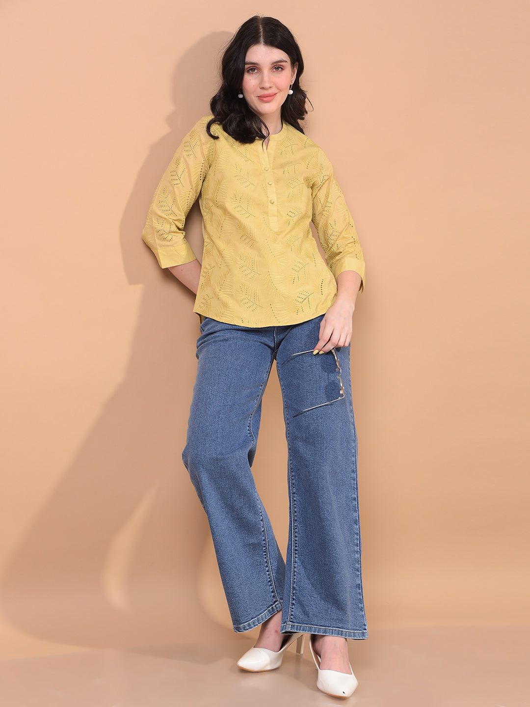 Women's Mustard Embroidered V-Neck 100% Cotton Sheer Top-Women Tops-Crimsoune Club
