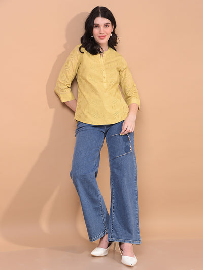 Women's Mustard Embroidered V-Neck 100% Cotton Sheer Top-Women Tops-Crimsoune Club