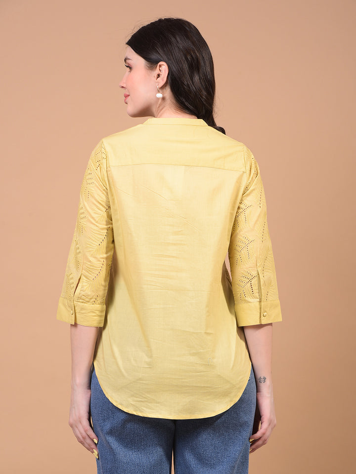 Women's Mustard Embroidered V-Neck 100% Cotton Sheer Top-Women Tops-Crimsoune Club