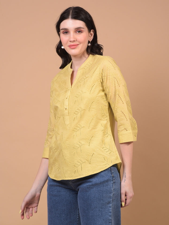 Women's Mustard Embroidered V-Neck 100% Cotton Sheer Top-Women Tops-Crimsoune Club
