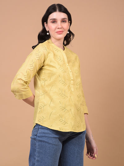 Women's Mustard Embroidered V-Neck 100% Cotton Sheer Top-Women Tops-Crimsoune Club