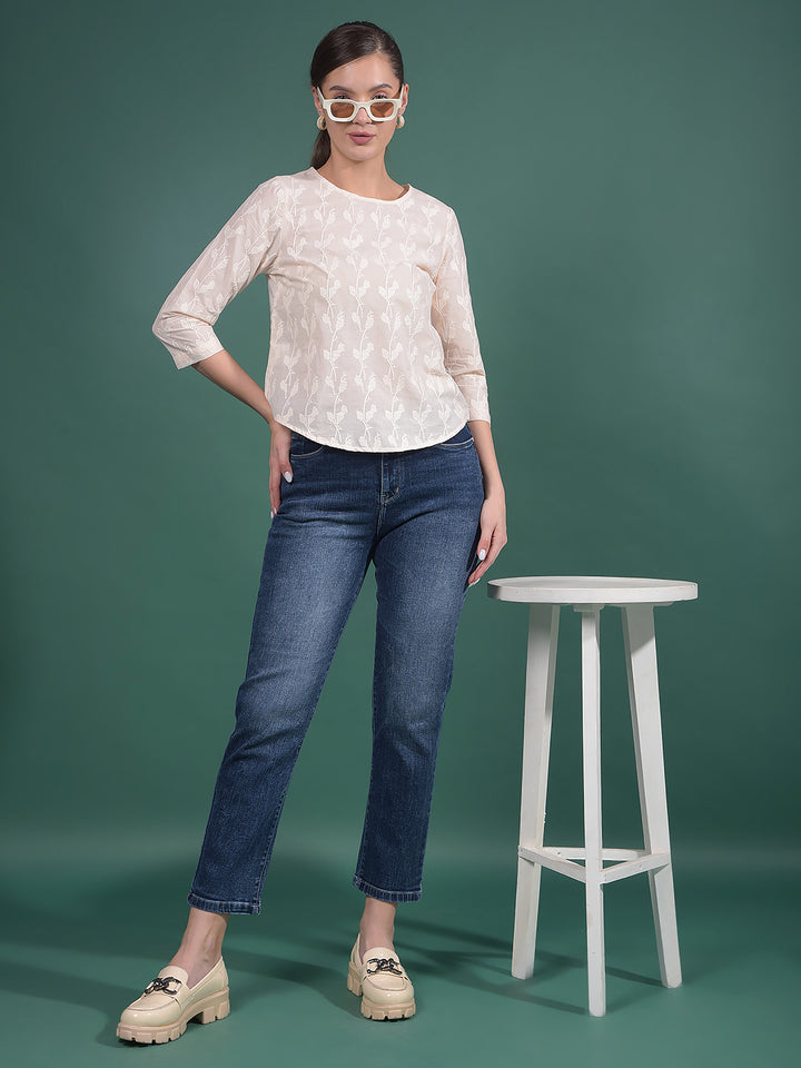 Peach Embroidered 100% Cotton Top-Women Tops-Crimsoune Club