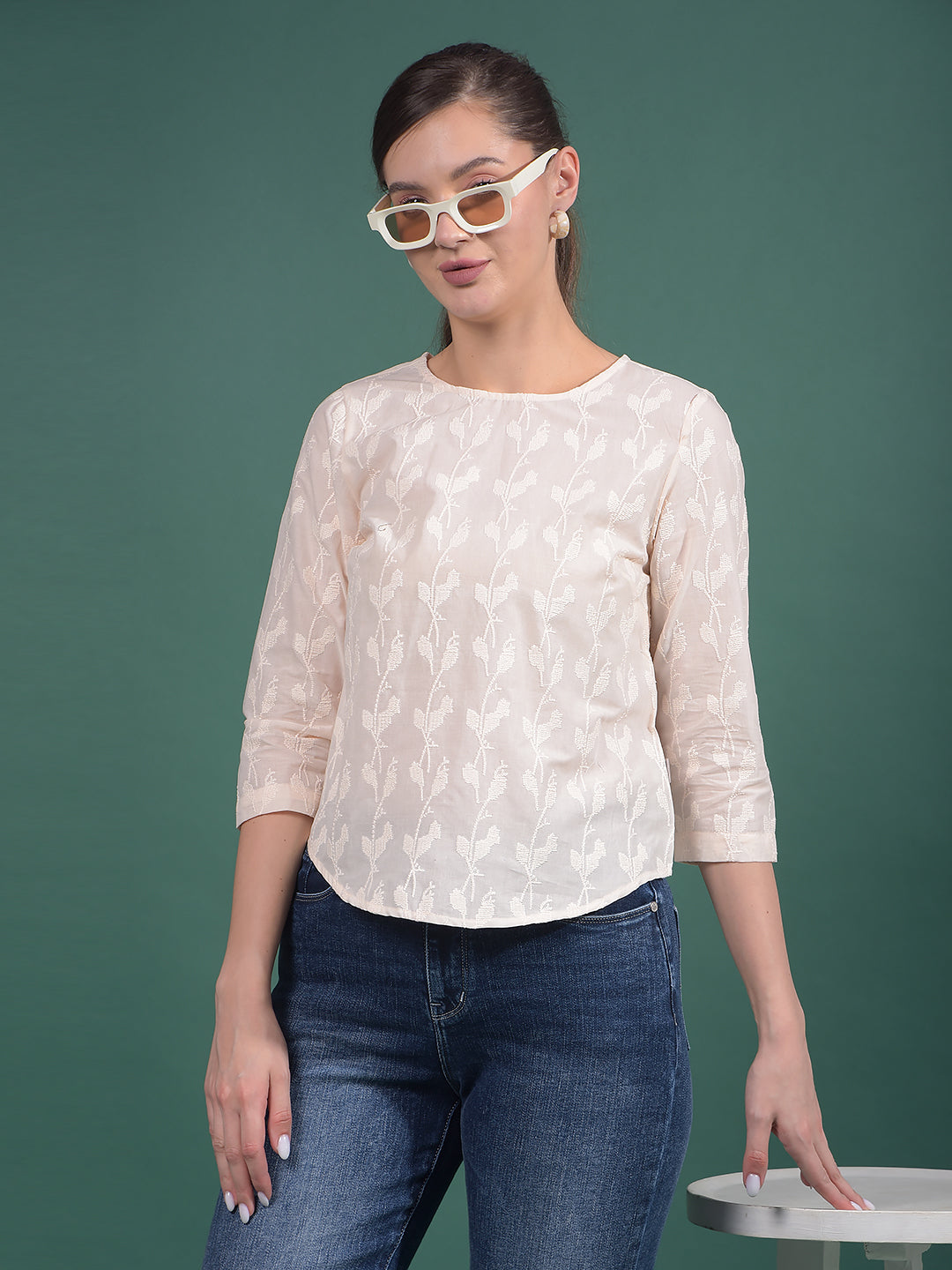 Peach Embroidered 100% Cotton Top-Women Tops-Crimsoune Club