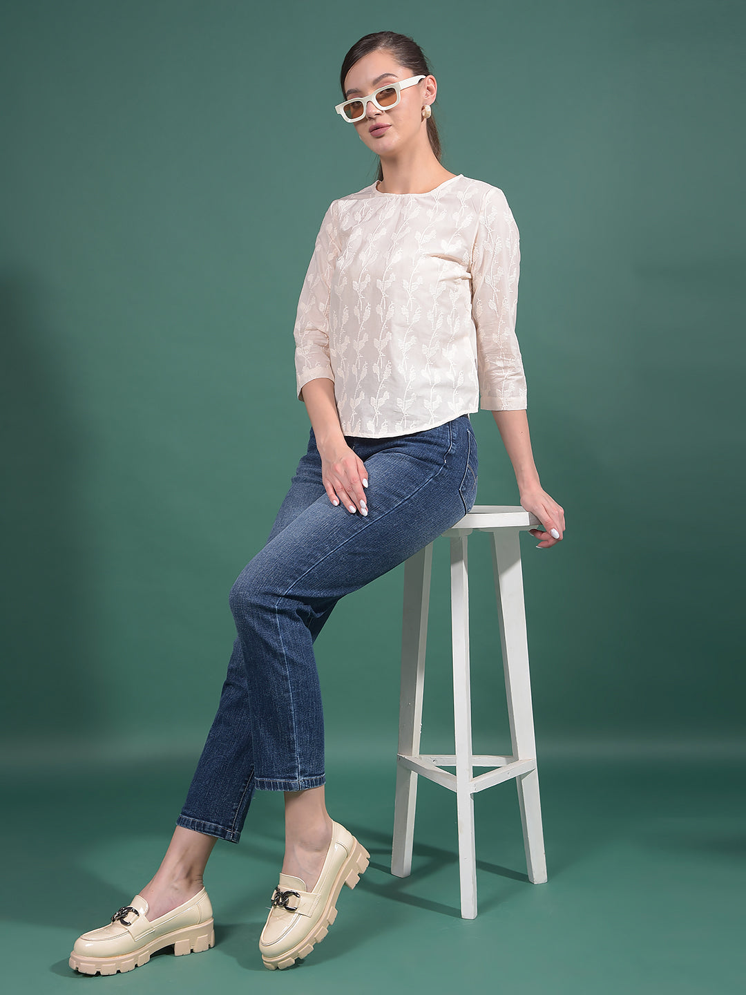 Peach Embroidered 100% Cotton Top-Women Tops-Crimsoune Club