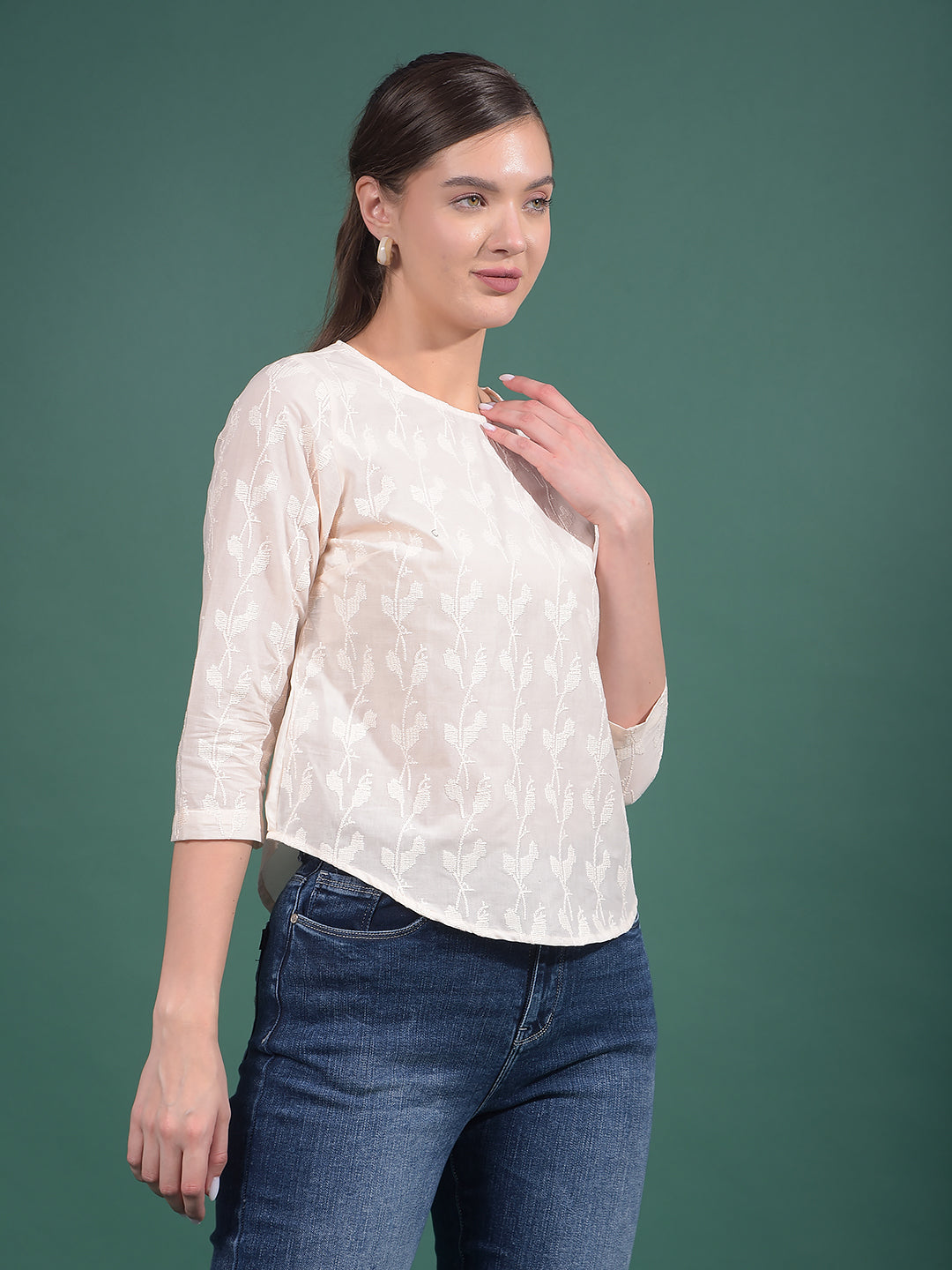 Peach Embroidered 100% Cotton Top-Women Tops-Crimsoune Club