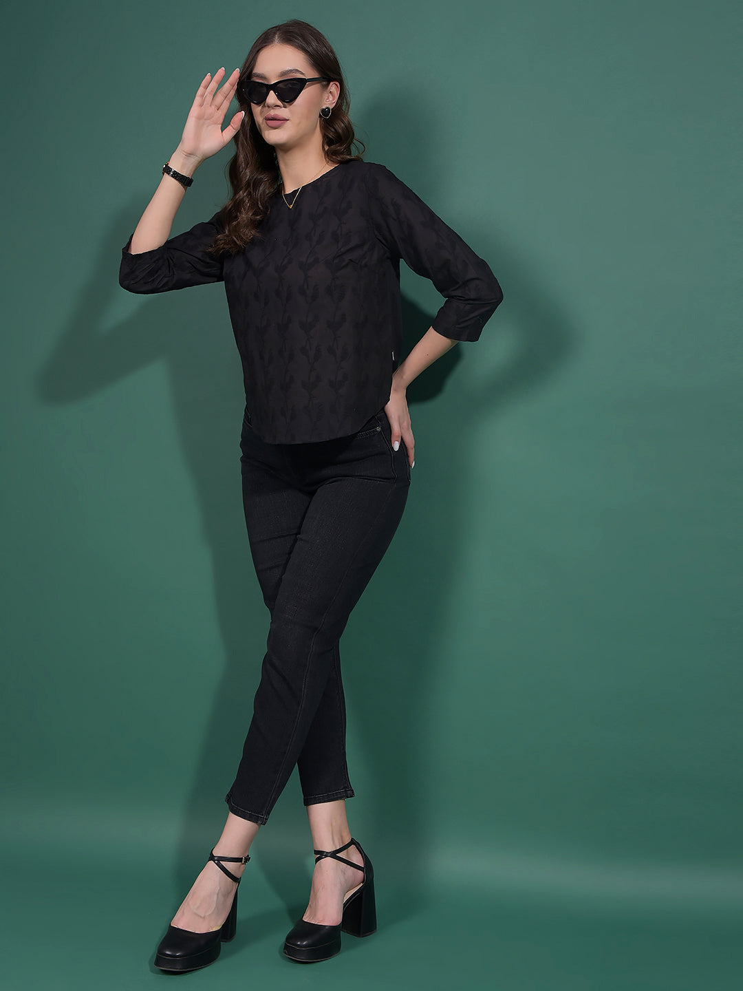 Black Embroidered 100% Cotton Top-Women Tops-Crimsoune Club