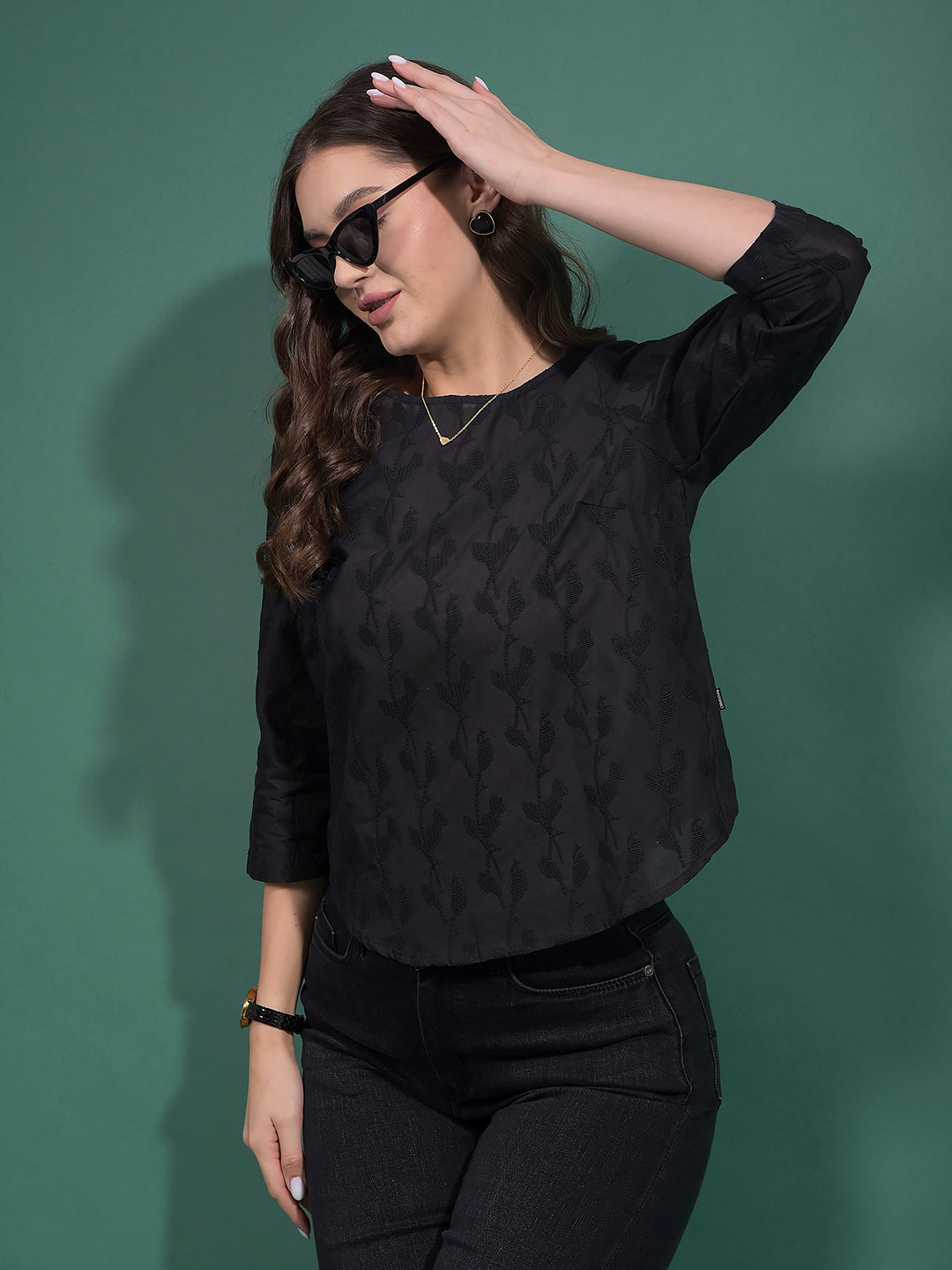 Black Embroidered 100% Cotton Top-Women Tops-Crimsoune Club