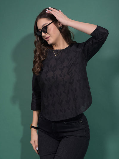 Black Embroidered 100% Cotton Top-Women Tops-Crimsoune Club